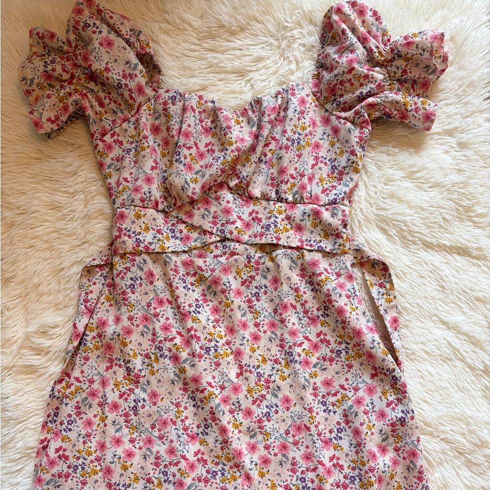 SHEIN Pink Floral Puff-Sleeve Dress Size XS